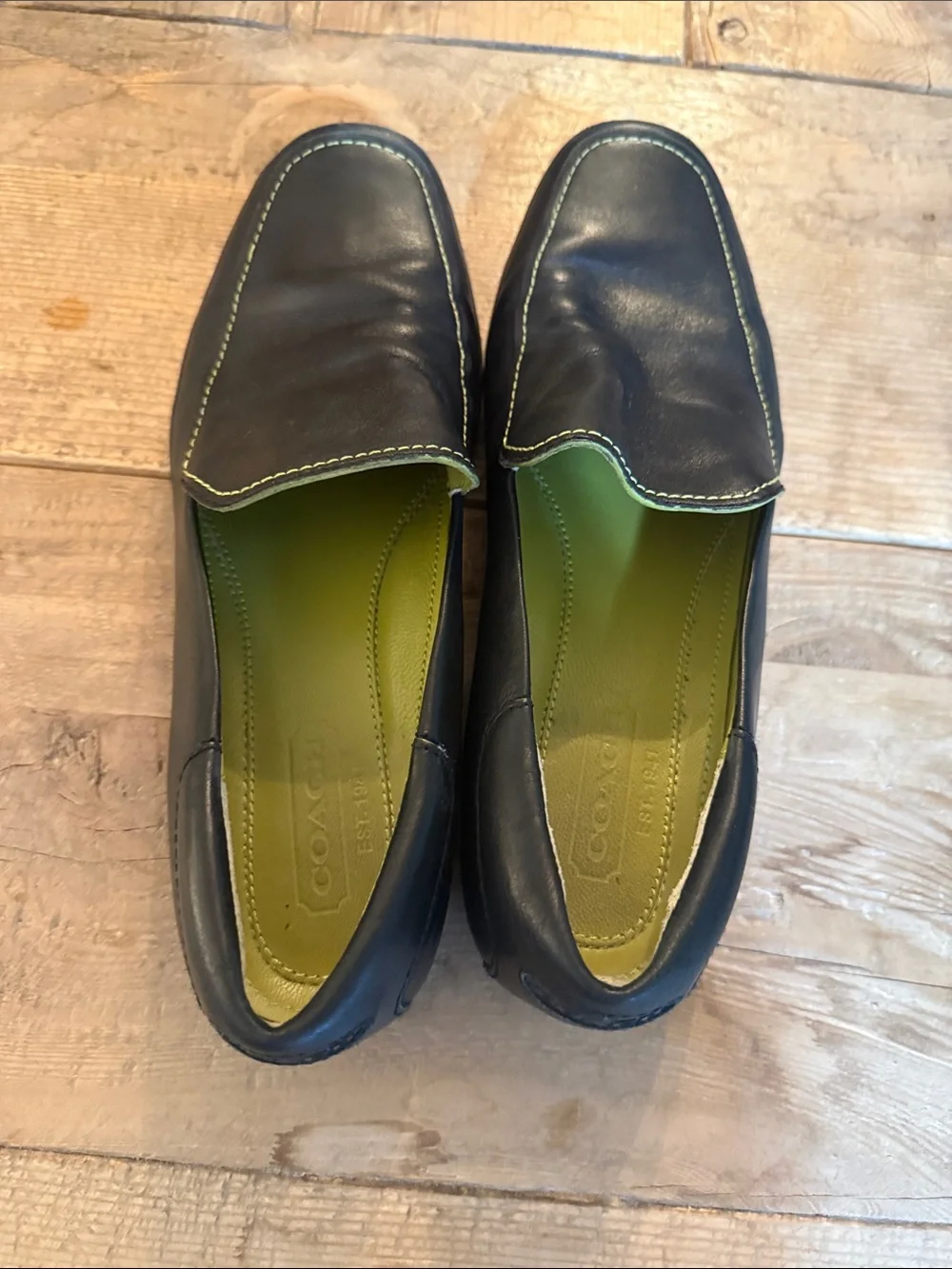 Coach Black Leather Slip-On Loafers with Green Interior
